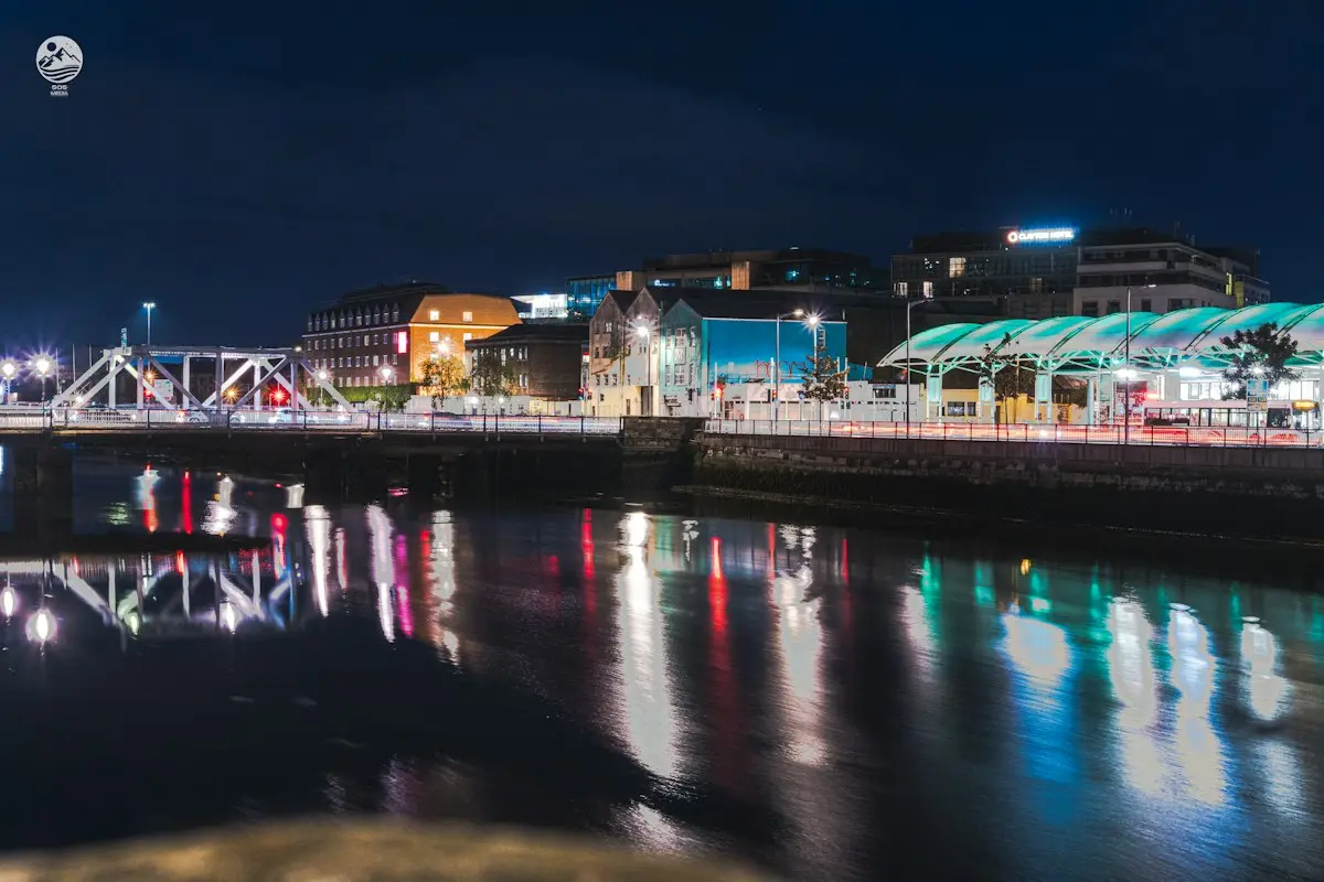 Cork city quays lit up at night